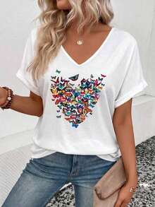 Camiseta casual y versátil para primavera/verano con cuello en V, puños acampanados y estampado degradado en forma de corazón - Multicolor 2 - Ver 2