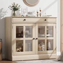 Kitchen Storage Cabinet, 2 Glass Door Buffet Sideboard with a Large Storage Drawer, Modern White Coffee Bar Cabinet with Adjustable Shelf for Dining Room, Kitchen, Entryway - Beige - Übersicht 1