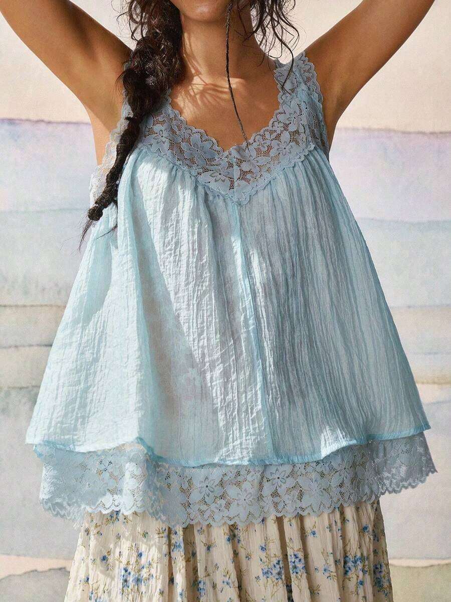 Blusa de uso diario versátil y casual con parches de encaje para mujer - Celeste - Ver 1