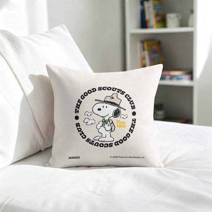 Miniso Peanuts Snoopy Throw Pillow Cover, Beige "The Good Scouts Club Since 1974" Cushion Case For Couch Sofa Bedroom Living Room Home Decor - Color - View 1
