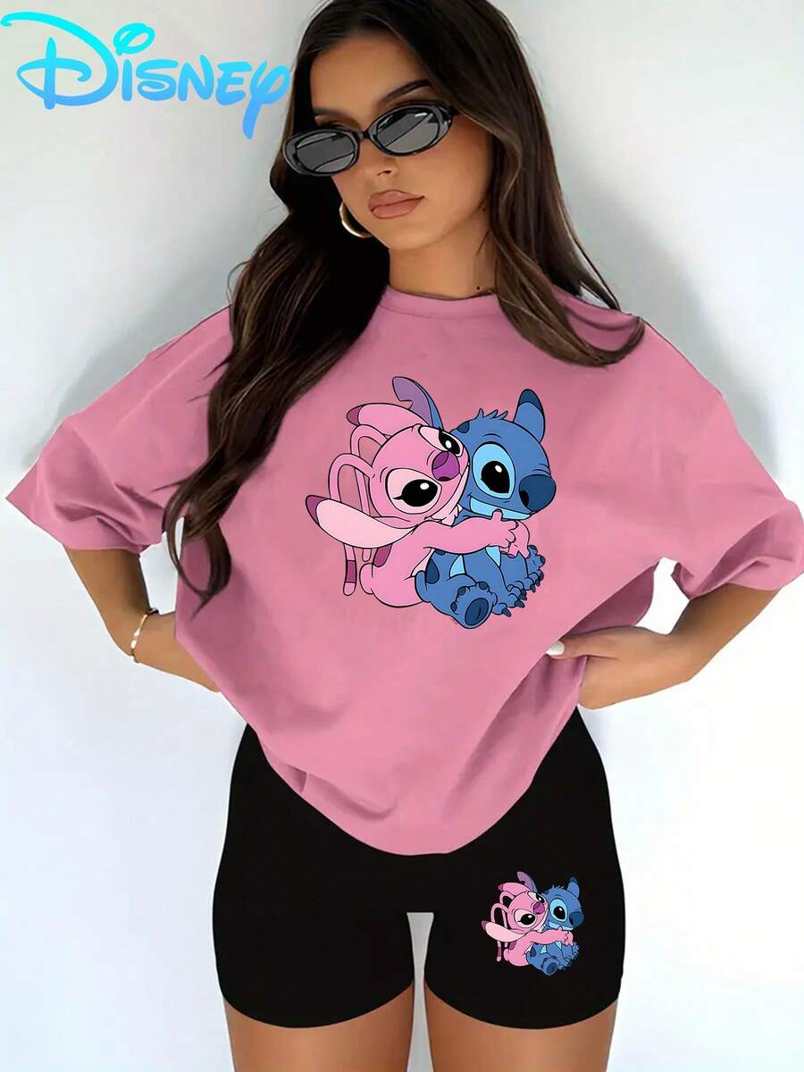 Lilo & Stitch "Stitch & Angel Hug" T-Shirt & Biker Shorts Setwomen's Casual T-Shirt And Yoga Pants Set, Perfect For Summer Travel And Relaxing At Home. Disney Licensed Stylish, Soft, And Comfortable Sportswear Set. - Pink - View 1
