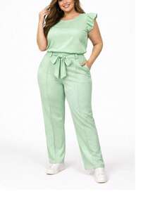 Elegant Plus Size Social Set In  Crepe, Casual Style With Drawstring Pockets, For Office Or Home. - Mint Green - View 2
