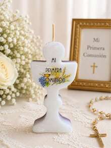 Vela cáliz decorativa Mi Primera Comunión, ceremonia religiosa, incluye bolsa celofán y listón, recuerdo regalo decoración centro mesa personalizada - Blanco - Ver 2