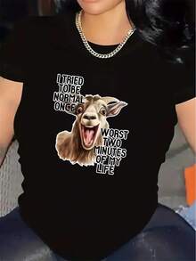 NEW Short Sleeve T-Shirt With Funny Goat Graphic, Humorous Design 'I Tried To Be Normal Once', Lightweight And Durable For Casual Wear At Home, Office Or Restaurant, Comfortable Fit For Everyday Use - Vintage Urban Style, Unisex Cotton Short Sleeve Crew Neck T-Shirt, Women's T-Shirts - 黑色 - 查看 8