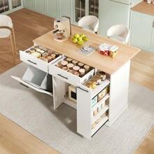 Kitchen Island On Casters With Fold-Down Worktop, Kitchen Trolley With Waste Bin, 4-Tier Spice Rack, 2 Drawers And Lockable Casters, 120 * 45 (70) * 93 Cm - White - View 3