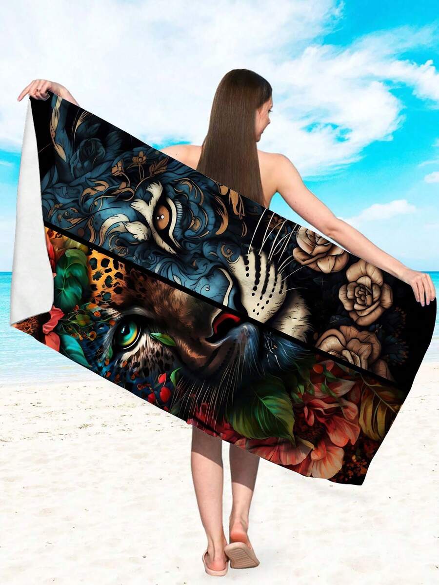 Vintage Tiger & Leopard Floral Pattern Beach Towel, Extra Large Absorbent Quick Dry Beach Wrap, Versatile Shawl For Beach Photography & Sun Protection