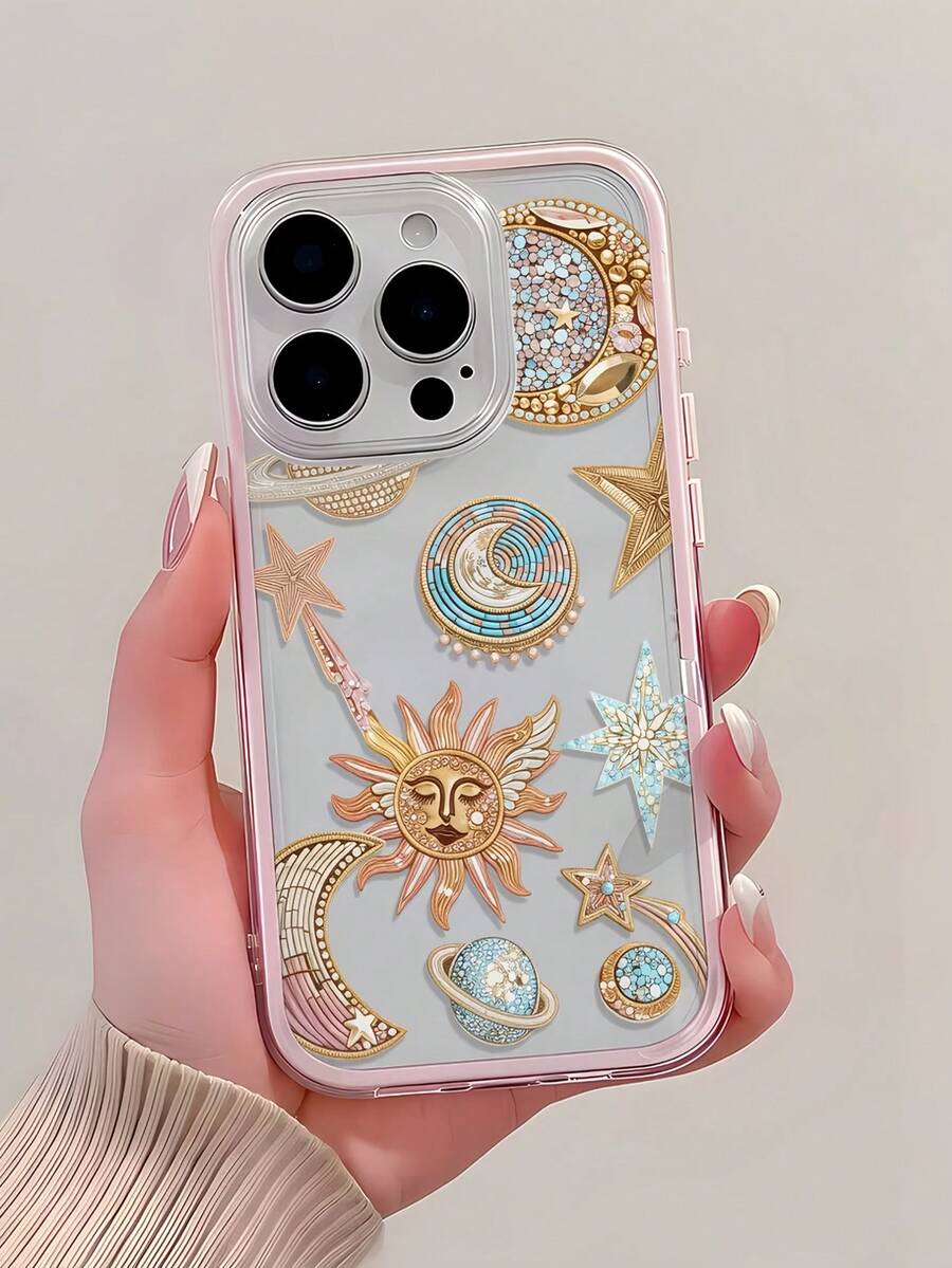 1pc Transparent Phone Case With Pink Frame, Minimalist Design, Starry Sky Rhinestone Pattern, Shockproof And Anti-Fall Protection, Compatible With IPhone 16 Pro Max, 17/16/15/14 Plus, 13/12/11, Series - Multicolor - View 1