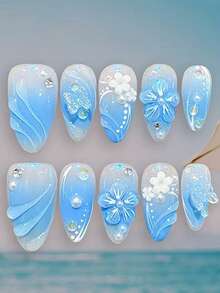 30 miếng miếng dán móng tay gel 3D hình oval dài phong cách kỳ nghỉ đảo mùa hè, gradient xanh, có hoa, đá quý, ngọc trai, bướm, bao gồm 1 miếng gel thạch và 1 miếng dũa móng tay phù hợp cho cuộc sống hàng ngày của phụ nữ/con gái, nghệ thuật làm móng, mùa tốt nghiệp, ngày lễ, du lịch - Nhiều màu - Xem 2