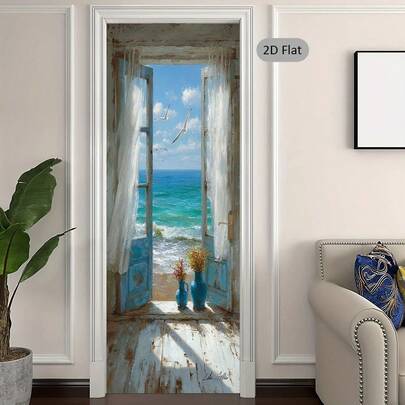 1/2pcs Coastal Landscape Door Sticker, Countryside Style Window Peel And Stick Mural, Seaside Scenery Door Decal - Modern Removable Door Wall Sticker, Bedroom Living Room Door Decor Vintage Poster, 2D Flat