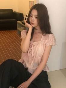 韓式夏季法式甜美青春溫柔風荷葉邊裝飾百褶腰短袖雪紡上衣 粉色 - 粉色 - 查看 2