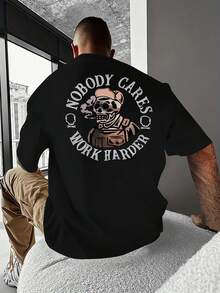 T-shirt da uomo con stampa teschio "NESSUNO SI PREOCCUPA, LAVORA PIÙ DURAMENTE", estiva, casual, comoda, con vestibilità ampia, versatile per attività quotidiane. - nero - Visualizzare 1