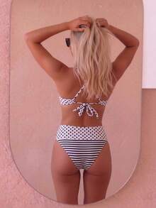 AUGUST VACATION 夏季優雅女款時尚棕色波點與條紋印花繫帶性感比基尼泳衣，隨機印花海灘度假泳裝，夏季 - 白黑 - 查看 4