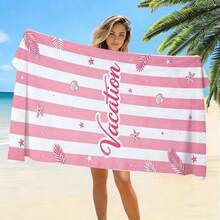 1pc Oversized Soft Pink & White Vertical Stripe Design With Starfish, Shell & Palm Leaf Elements, Romantic Vacation Slogan Lettering, Atmospheric - A01 - View 5
