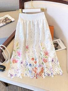 High-Waisted Elastic Skirt With Embroidered Lace And Water-Soluble Print - 白色的 - 查看 2