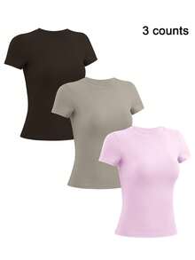 NcmRyu 3 buah Kaos Wanita Lengan Pendek Kasual Sporty Kerah Bulat Pas Badan Warna Polos - MultiWarna - View 1