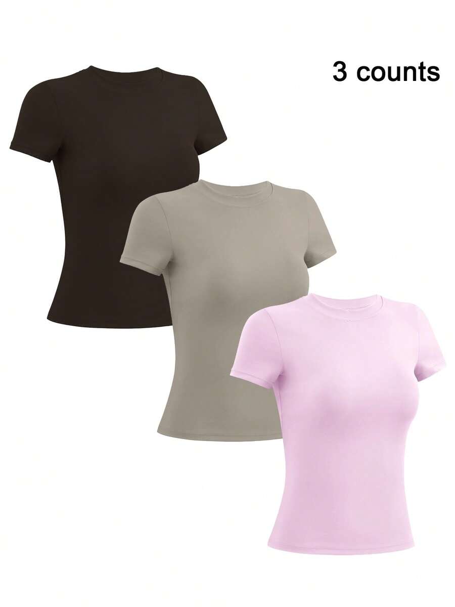 NcmRyu 3 buah Kaos Wanita Lengan Pendek Kasual Sporty Kerah Bulat Pas Badan Warna Polos - MultiWarna - View 1
