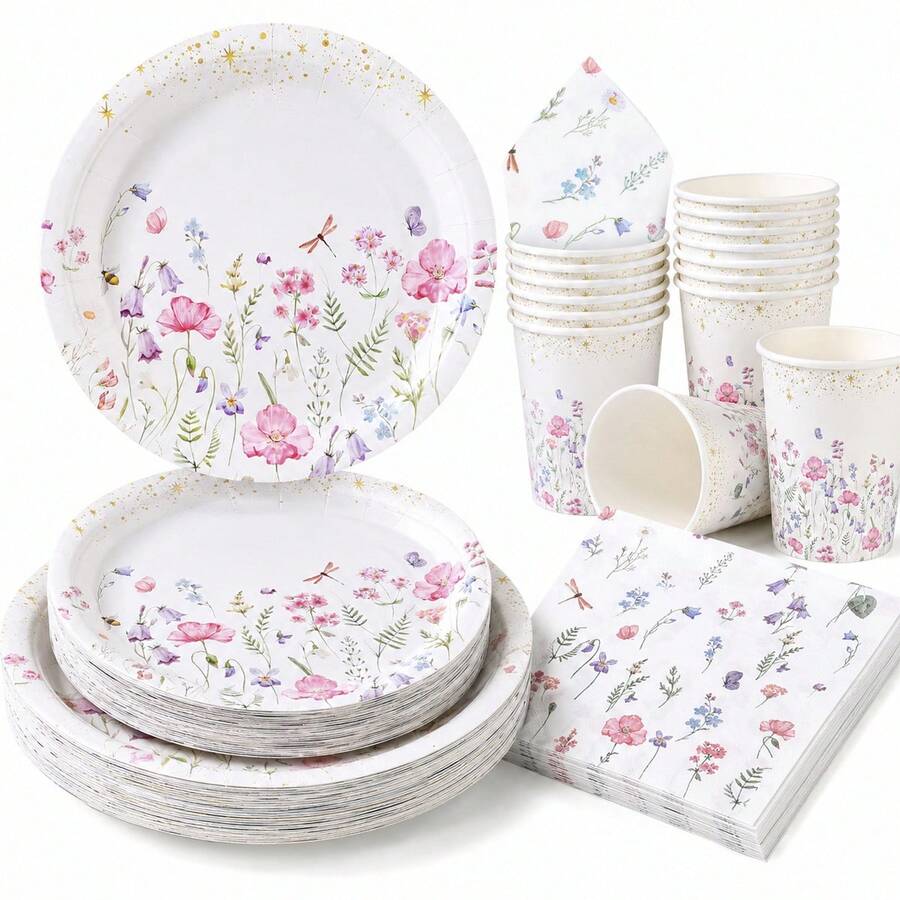 Floral Party Dinnerware Set, Disposable Paper Plates And Cups Set, 7/9 Inch Paper Plates And Cups, Suitable For 10/25 Guests, Fresh And Elegant Country Style, Birthday Wedding Outdoor Picnic Holiday Celebration Supplies - Multicolor - View 1