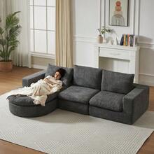 Chenille Sofa With Curved Elements And Chaise Longue, Fully Compressed And Frameless, Modular Corner Sofa With L-Shaped Chaise Longue, Compressed Foam Sofa, No Assembly Required - 灰色 - 查看 8