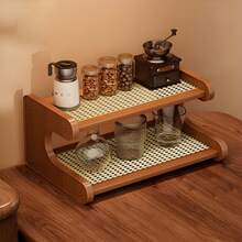 1pc Vintage-Style Multi-Tier Desktop Storage Rack, Large Capacity Cup Holder, Kitchen Spice Rack, Woven Rattan Panel, Quick Draining, Suitable For Kitchen, Dining Sideboard, Coffee Corner, Tea Station And Office Organization - Desktop Display Shelf - Rattan Style - View 16