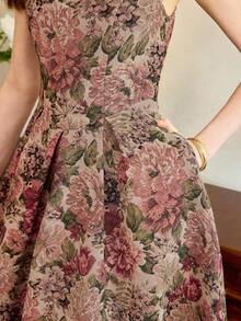 xheVintamour Vestido de mujer elegante y clásico vintage, vestido ajustado de jacquard para primavera/verano, vestido de escote barco, vestido floral rosa sobre base albaricoque, vestido rosa, vestido de vuelo de longitud mediaxhe - Rosa vieja - Ver 2