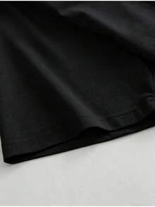 Camiseta de manga corta de cuello redondo con estampado de gato comiendo fideos, casual de verano para mujer - Negro - Ver 4
