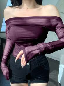 Blusa elástica de malla transparente con hombros descubiertos, para primavera/verano - Morado - Ver 3