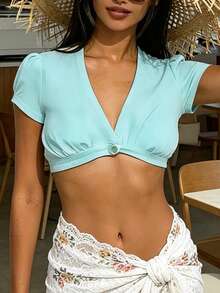 Women's Vacation V-Neck Puff Sleeve Cropped Top, Slim Fit Multiple Colors Spring Summer Wear, Perfect For Beach, Party, Daily Casual Outfit - 湖藍色 - 查看 7
