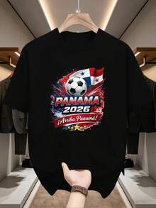 Panama 2026 Slogan Edition, Short Sleeve T-Shirt With PANAMA 2026 Football Slogan Print, Heavyweight Cotton Blend For A Loose And Comfortable Fit, Football Style For Everyday Looks. - 黑色 - 查看 6