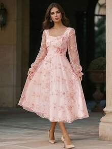 1 buah Gaun Wanita Elegan, Gaun Leher Persegi Bordir Jala untuk Liburan - Baby Pink - View 4