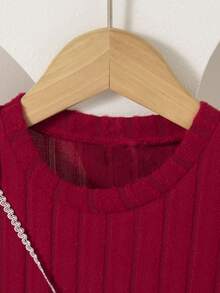 2 Peças Conjunto de Roupa Casual Feminina - Top Sem Manga com Decoração de Laço e Vestido Longo até o Joelho de Manga Longa, Conjunto de Moda para Meninas, Primavera/Outono/Inverno - Vinho - Visão 6