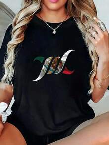 1pieza Blusas de Mujer Hermosas Blusas para Mujeres Conjuntos para Mujeres Ropa de Mujer México Tema Camiseta 180G Blanco y Negro Estampado con Diseño de Bandera Mexicana Impresión de Alta Calidad en Cuello Redondo Básico Holgado Transpirable Versátil Lavable en Máquina Cómodo Talla S ~ 3XL Diario Casual Deportivo Esencial Verano. - Negro - Ver 1