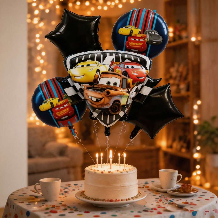 MINISO Cars 5-Piece Balloon Set, Lightning McQueen And Friends Cartoon IP Star And Round Balloons For Birthday Party, Home, Holiday, Festival Celebration, Photo Background, Fun Whimsical Design, Colorful Durable Material, Easy Setup, Perfect For Family Gatherings And Special Occasions - View 1