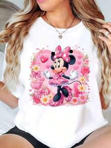 Minnie Mouse Floral Heart Design Disney Women T Shirt Round Neck Short Sleeve Casual Everyday Wear Valentine's Day Soft Comfortable 220g - trắng - Xem 1