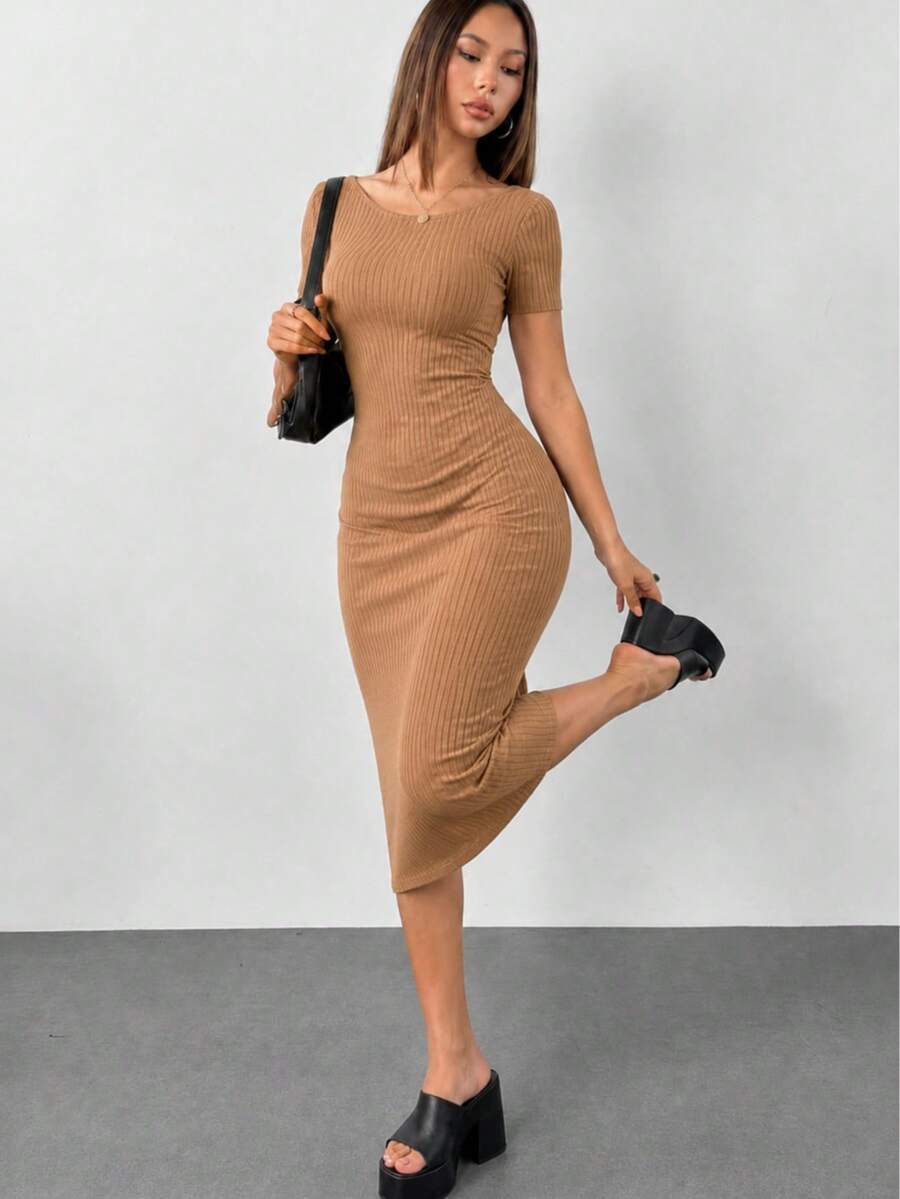MHG Vestido Midi Ajustado Mujer Tela Rib Acanalada Manga Corta Casual Elegante Stretch Moldea Figura Moda Viral - Camel - Ver 1