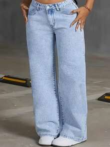 Women's Wide Leg Marble-Waisted Jeans, Wide Leg, No Lycra, Premium Bell Bottom, Elegant Summer Style - 淺色水洗藍 - 查看 3
