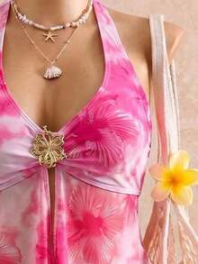 Bellisia Conjunto de traje de baño de dos piezas para mujer con top tankini de cuello halter con lazo y decoración metálica de unicolor y Bottom de bikini triangular, adecuado para vacacione - Multicolor 2 - Ver 8