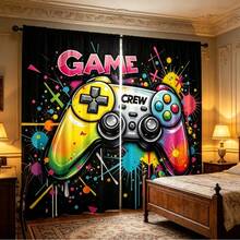 2 piezas Combinación de pantalla de ventana digital de alta definición, impresa con colores vibrantes y diseño de controlador de juego estilo graffiti, tela de poliéster lavable a máquina, perfecta para la decoración del hogar en la sala de estar y el dormitorio, mejora el efecto visual de las barras de cortina en el dormitorio y el estudio - Multicolor - Ver 6