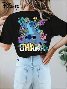 Disney Officially Licensed 100% Cotton T-Shirt, Unisex Short-Sleeve T-Shirt, Authentic Stitch Print, Soft And Skin-Friendly, Elastic, Casual Short-Sleeved Top, Fashionable Round Neck Short-Sleeved T-Shirt, Women's Clothing - 黑色 - 查看 3