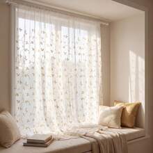 1 Stück weißer halbtransparenter Vorhang mit goldener Reben- und Blattstickerei, Landhausstil, Polyester mit Stangendurchzug, lichtfilternd, geeignet für Schlafzimmer, Wohnzimmer, Esszimmer, ganzjährige Heimdekoration - Gold - Übersicht 1