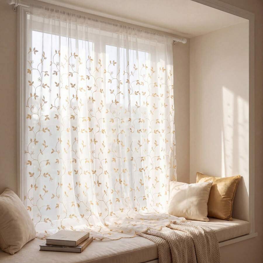 1 Stück weißer halbtransparenter Vorhang mit goldener Reben- und Blattstickerei, Landhausstil, Polyester mit Stangendurchzug, lichtfilternd, geeignet für Schlafzimmer, Wohnzimmer, Esszimmer, ganzjährige Heimdekoration - Gold - Übersicht 1