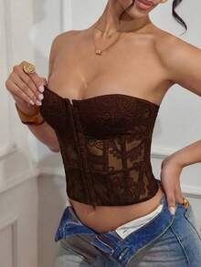 Apperloth A Y2K 花卉刺繡 Bustier 半透網紗前扣式開襟 後背綁帶露背塑形抹胸上衣 夏季款 - 咖啡 - 查看 6