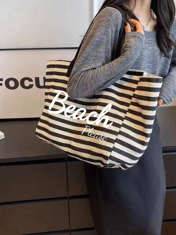 Beach Please 條紋大容量沙灘托特包套組，休閒編織托特包附配套拉鍊收納小包，輕量夏季旅行包，適合沙灘旅行、泳池派對、度假與日常購物，可收納泳衣、毛巾、化妝品及沙灘必需品，適合女性、女孩、旅行者與沙灘愛好者，適合作為復活節、暑假、生日與節日禮物，可多功能使用為沙灘包、托特包、泳池包與旅行收納包