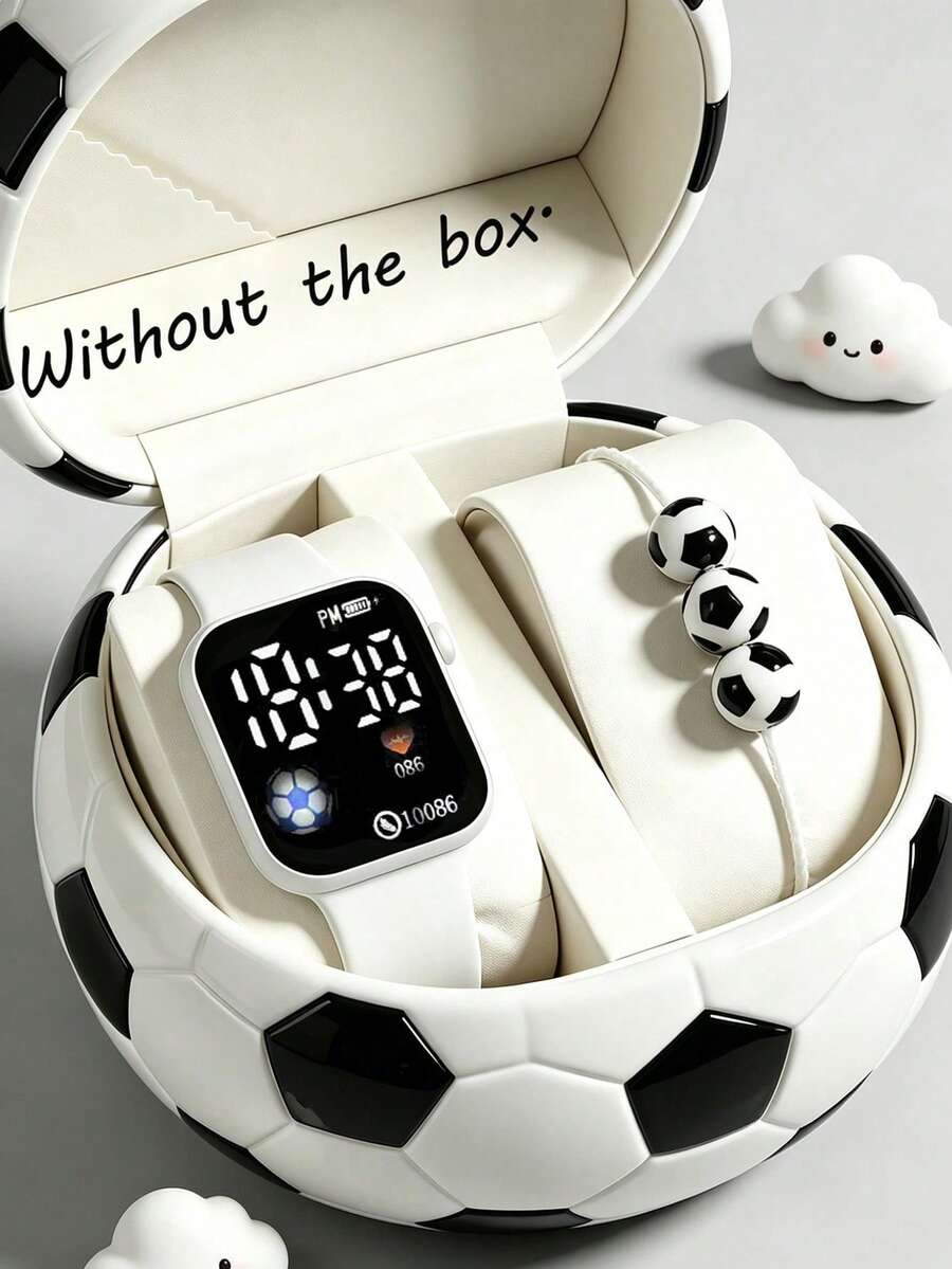 2pcs/Set, Fashionable Minimalist Youth Square Football Pattern LED Digital Electronic Watch With Football Bracelet, Suitable For Wearing At Parties, Trips, Ideal Gift For Friends During Back To School Season, World Cup, Holidays - Multicolor - View 1