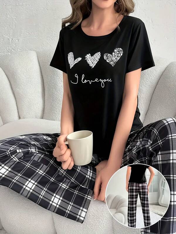 Minimalist Letter Print Short Sleeve 2 Pieces Pajama Set Women Casual Comfortable Plaid Pants Loungewear