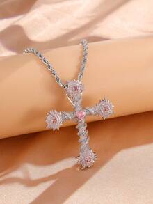1pc Minimalist Vintage Cross Pink Zirconia Necklace, Clavicle Chain, Suitable For Christian Women Daily Wear Jewelry Accessory, Gift - Cross - View 4