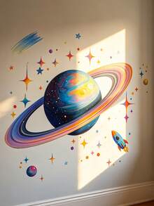 星空太空人火箭圓盤牆面裝飾，含九大行星背景，可拆卸，適用於兒童房或客廳牆貼 - 彩色 - 查看 7