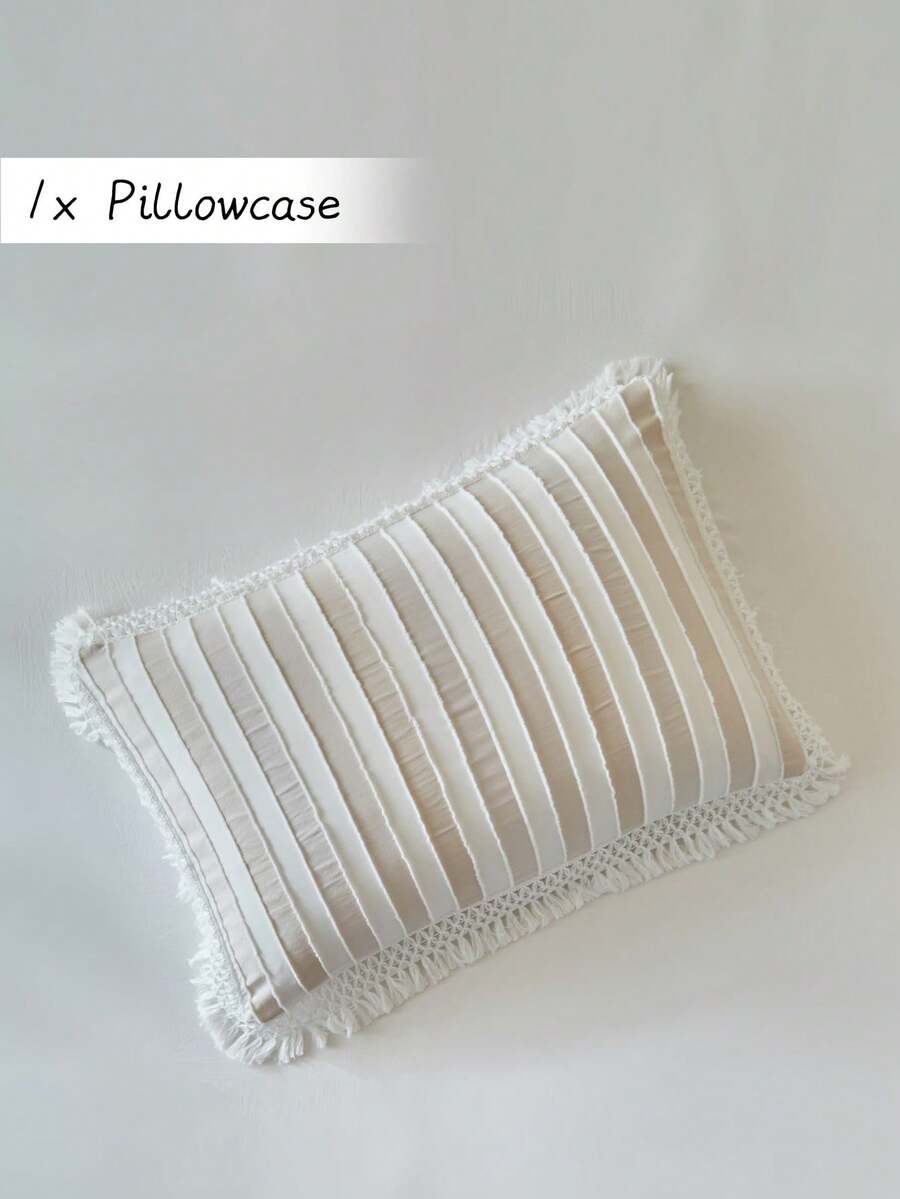 1pc Striped Cutout Tassel Decorative Pillow Case, Bohemian Style White & Khaki Throw Pillow Cover Suitable For Sofa, All Seasons, Home Decor, Soft & Breathable, Machine Washable, Great Gift, Pillow Insert Not Included - Khaki - View 1