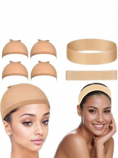 9 cái, 6 cái, 3 cái, Băng đô tóc giả co giãn và nylon trong suốt chống mồ hôi không đường may chống trượt co giãn kèm mũ tóc giả cho thể thao và yoga (màu sáng)