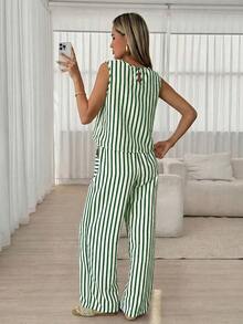 Conjunto informal de top y pantalones a rayas para mujer - Verde - Ver 4