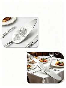 2 Pieces Stainless Steel Floral Cake Knife And Server Set, Heavy Duty & Rust-Resistant Cake Cutter With Elegant Design, Perfect Gift For Weddings, Birthdays, Anniversaries, Essential Baking & Party Supplies" - Silver - View 6